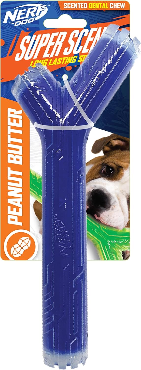 As mentioned in about her Nerf toy review, these are pretty much the only toys we buy for our power chewer. And our boy LOVES peanut butter pretty sure hed jump off a cliff for a spoonful of Jif. So when I saw 1) our brand of toy, 2) in peanut butter scent, it seemed like a no-brainer. I thought hed smell the peanut butter and tear the package open before I even got home. Much to our dismay, this one had absolutely no smell and must not taste like peanut butter either, because he has very lit