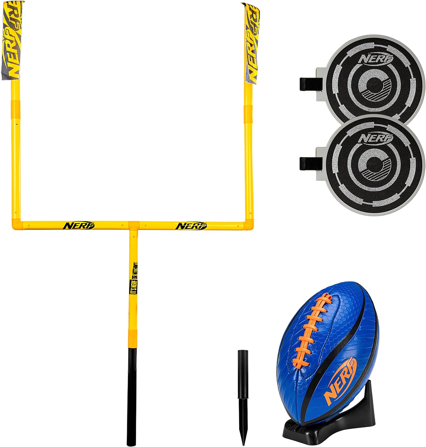 My 9 year old son loves this Nerf Football Punt Set. All his friends at school play football at recess so he' been wanting to lean to plan. This was perfect for him. It' easy to assembly (less than 15 minutes). The directions were easy to follow. It comes with a football stand and hand pump along with the football and goal. This is a great way to get kids back outside and off video games.