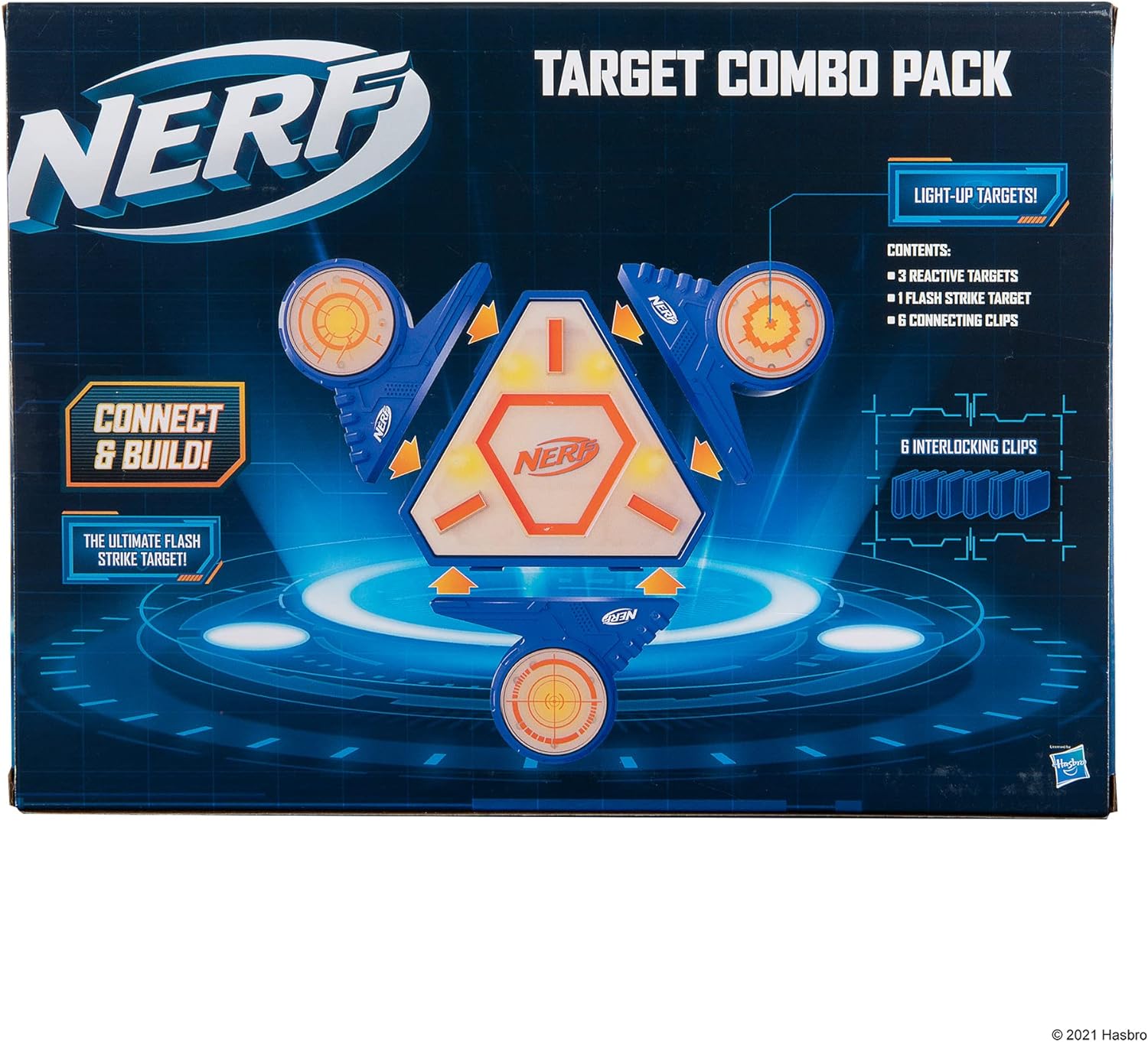 NERF Target Combo Pack, Flash Strike Target Base Plus 3 Reactive Targets - Targets Light Up When Hit  Expandable Modular Design; Customizable Target Design Single/Multiplayer - Amazon Exclusive