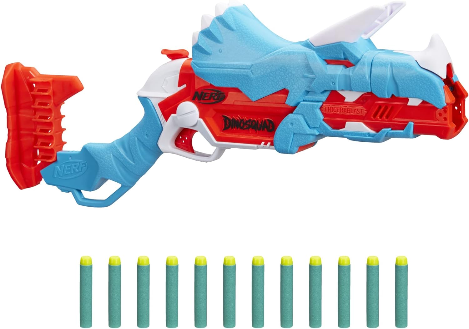 My Nerf armory begins and ends with the entire DinoSquad blaster line-up. In this review, I'm going to share some objective facts about the Tricera-Blast along with my opinion on how it performs and operates with adults and my 2 young children (ages 3 and 5), then compare it to the other DinoSquad blasters in the line-up.The Tricera-Blast is a break-action style rifle with a 3-dart capacity. To load, push down on the blaster' beak revealing the 3-dart chamber, then snap the action shut. An addi