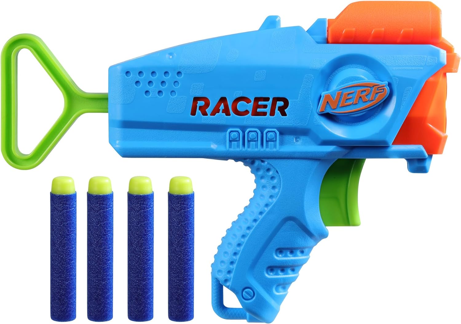 My 4.5 year old son has some friends who are older and use nerf guns but he struggled with cocking it. This gun is great. It is very easy for him manage. The bullets are just placed in the gun and then one easy pull back. He can do it all on his own which is great. The only downside is it only holds 4 bullets so a lot of reloading but it works great for his age.