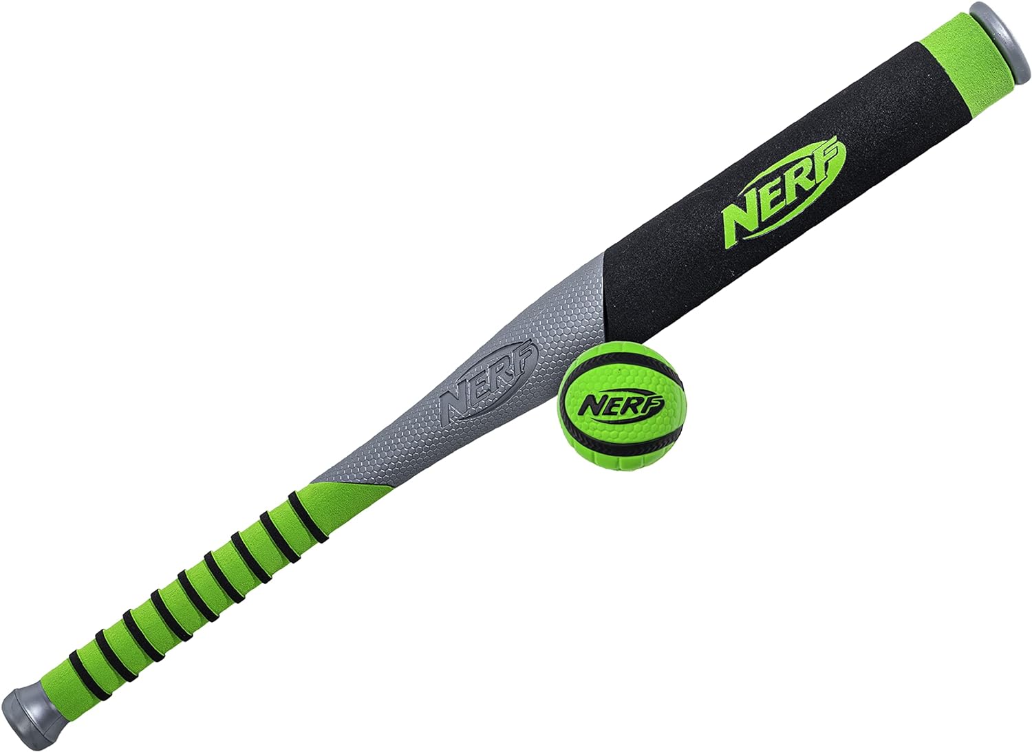 I got to set for my younger grandkids. Its lightweight and much less dangerous than a true bat for big kids. The Nerf set is unique. It has a soft foam handle with raised pieces of foam for gripping. The bat itself is a combination of plastic and more foam. Its easy to swing and long. It comes with a single ball that is a covered foam. I like that the ball is brightly colored so its easy to spot in the grass.This is a set that is great to have outside for the grandkids for playtime.