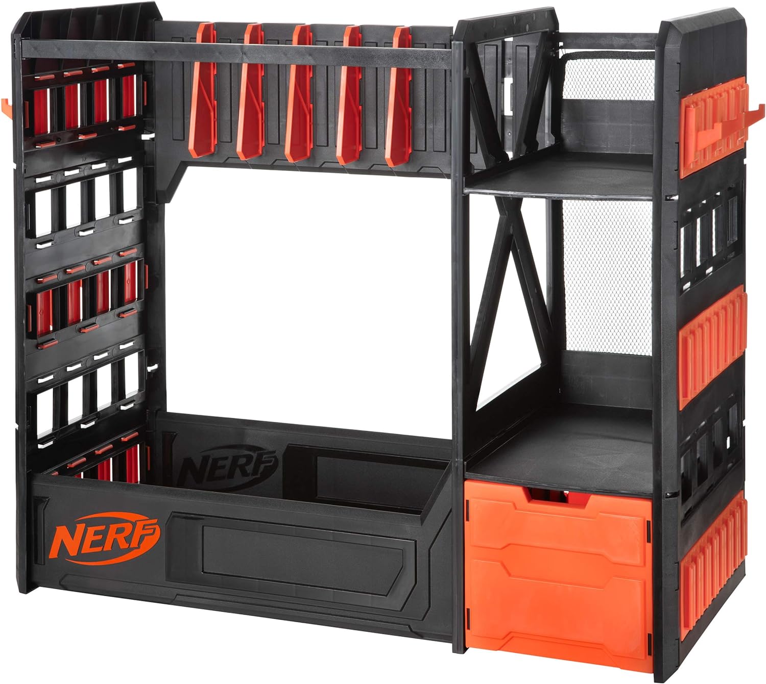 I bought this for my grand kids (3yr, 5yr & 6yr) and it holds all their dart blasters.. my only gripe is not buying 2. But as you can see in my pictures I was able to place them all in, on the side and on top. I would love to see nerf make a storage locker armory one day, but for now this will do. By the way not sure if you can see it in the frontal picture but the black bar that goes across snapped due to trying to hang 3 blasters on it. Word of advice, dont do what I did and just place your b