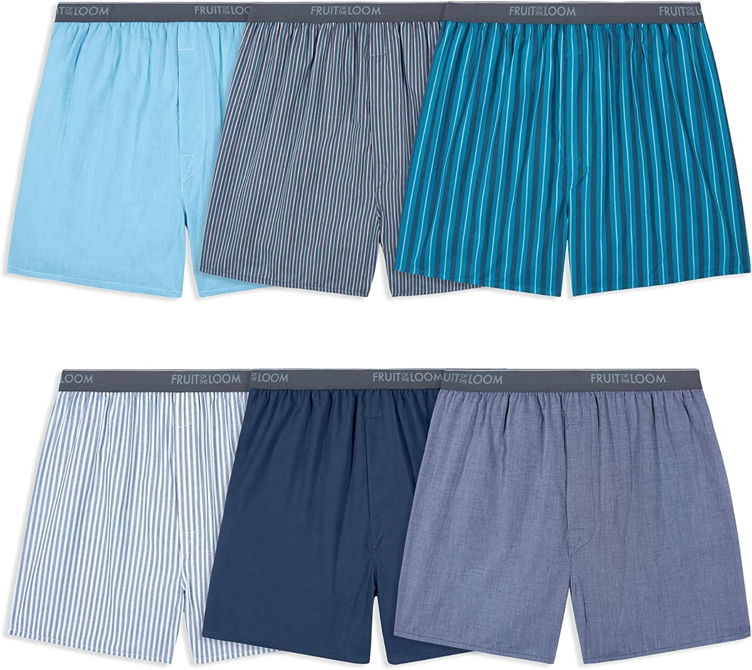 Fruit of the Loom Men' Tag-Free Boxer Shorts, Relaxed Fit, Moisture Wicking, Multipacks, Woven-6 Pack-Assorted Colors-Exposed Waistband, Large