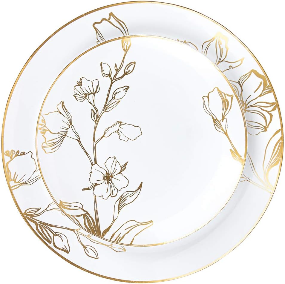 PLASTICPRO 32 Piece Combo Plates Set includes 16-7'' inch Plates & 16-10'' inch Plate White Plastic Floral Design Party Plates With Gold Rim, Premium heavyweight Elegant, Tableware,