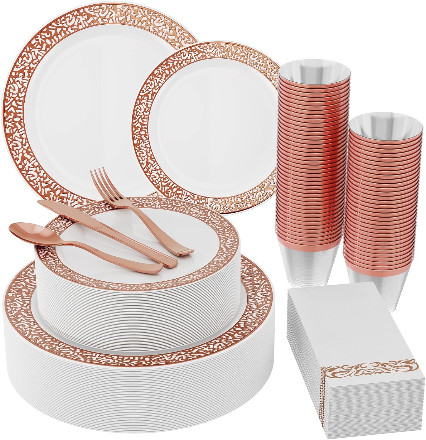 210 Count Rose Gold Plastic Dinnerware Disposable Plates 30 Dinner Plates 30 Dessert Plates & 30 Cups & 30 Rose Gold Paper Napkins & 30 Plastic Silverware Set