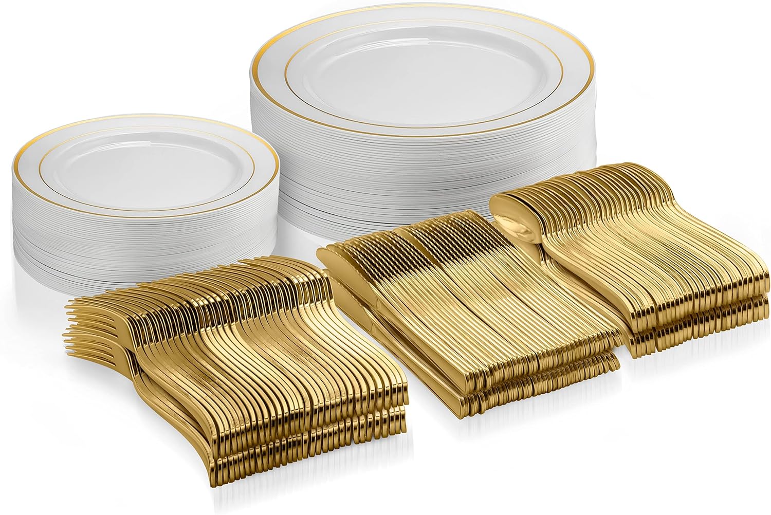 125-Piece Gold Plastic Dinnerware Set with 75 Gold Silverware - For 25 Guests