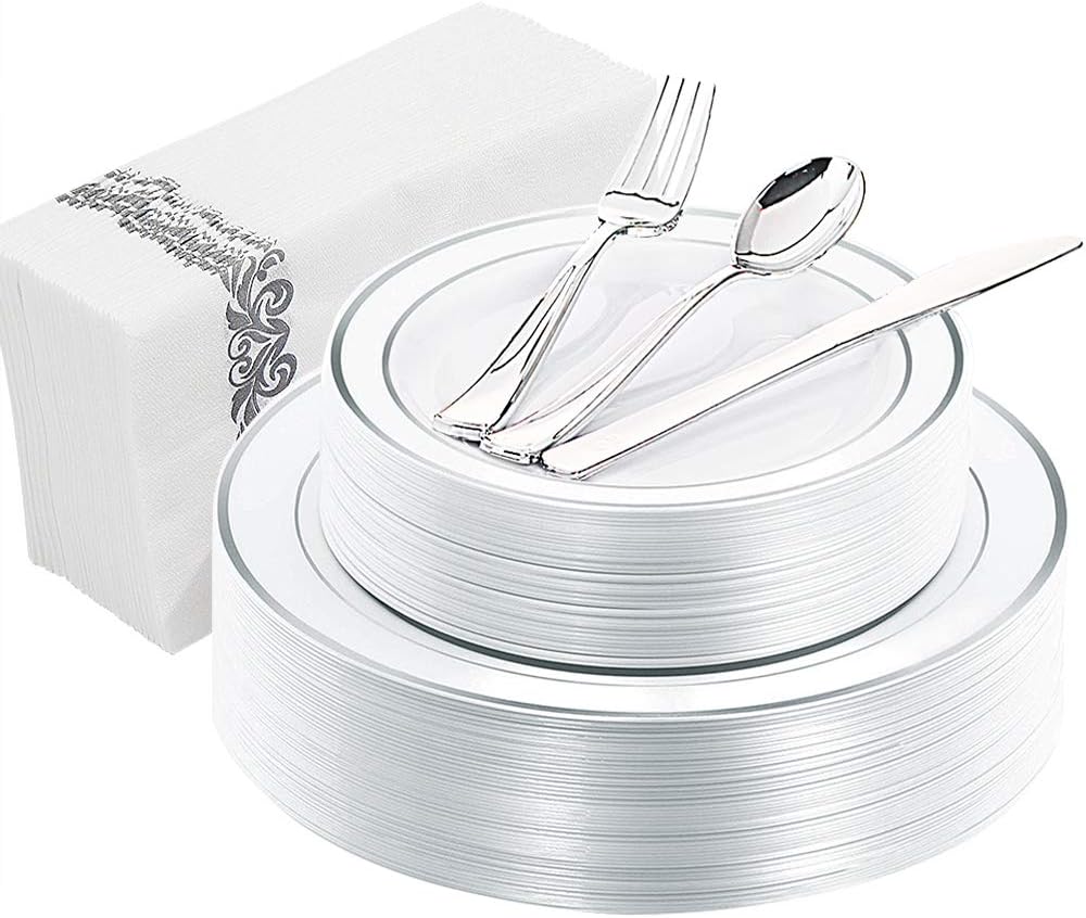 WDF 150PCS Silver Plates Plastic - Disposable Plastic Silverware Christmas plates include 25 Dinner Plates,25 Salad Plates,25 Forks, 25 Knives, 25 Spoons,25Disposable Napkins