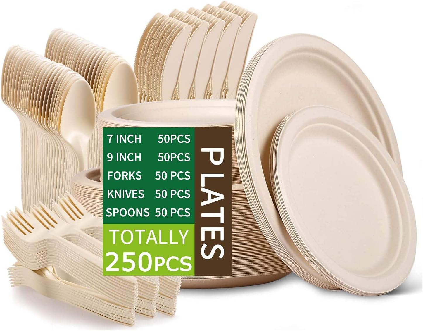 Jeopace Heavy Duty Paper Plates Set for Dinner,Disposable Paper Plates Set Eco Friendly,Sugarcane Bagasse 9 Inch and 7 Inch Party Plates,Forks,Knives and Spoons Set for 50 People [250 PCS]