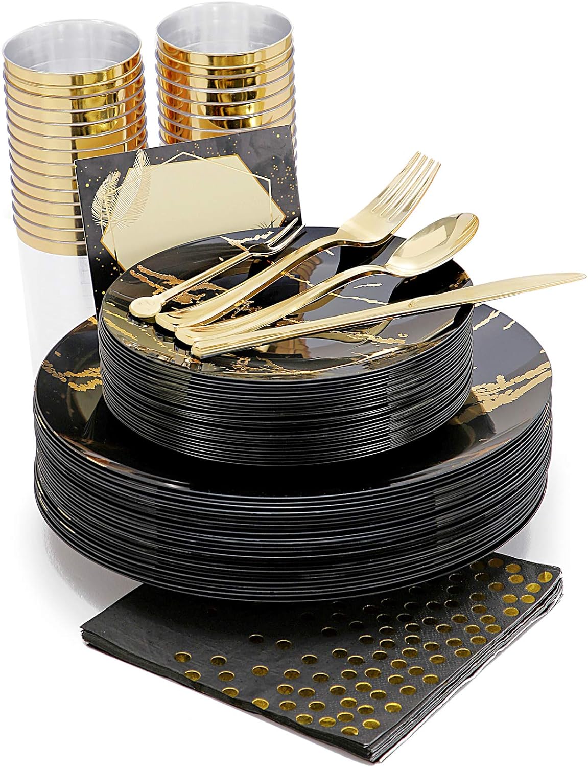 N9R 225pcs Black Gold Plastic Plates, Disposable Dinnerware Set Include 25 Dinner Plates, 25 Dessert Plates, 25 Gold Plastic Silverware, 25 Mini Forks, Gold Cups, Napkins and Table Cards for Party