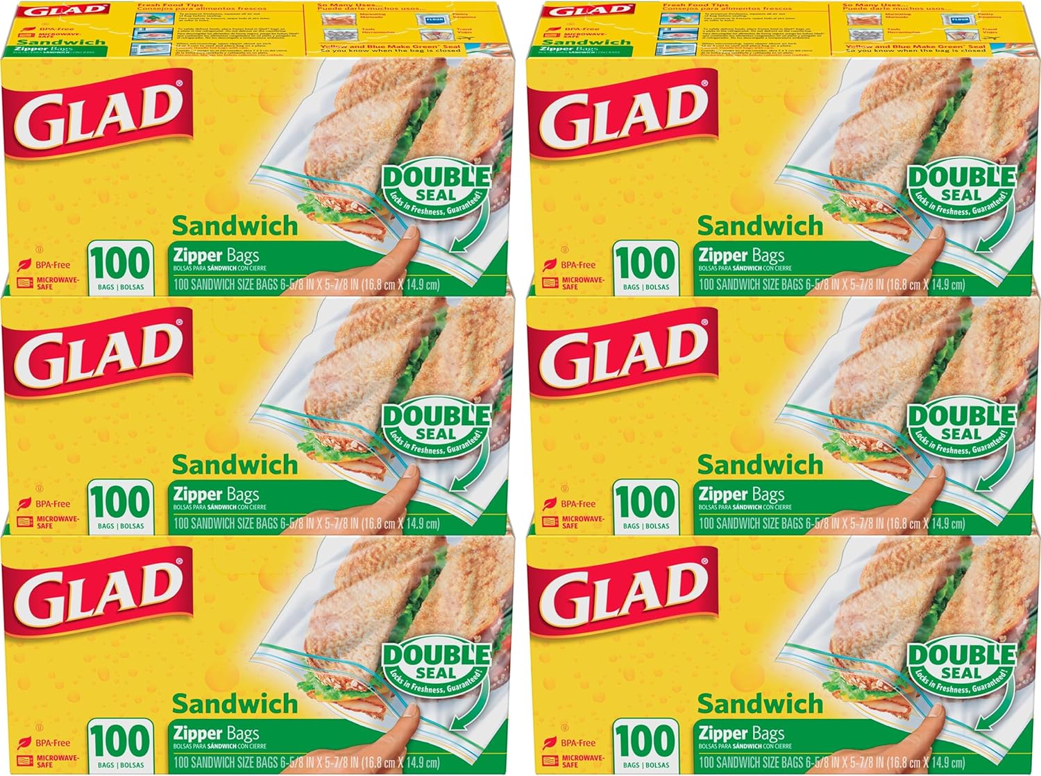 Glad Zipper Food Storage Plastic Bags - Sandwich - 100 Count, Pack of 6