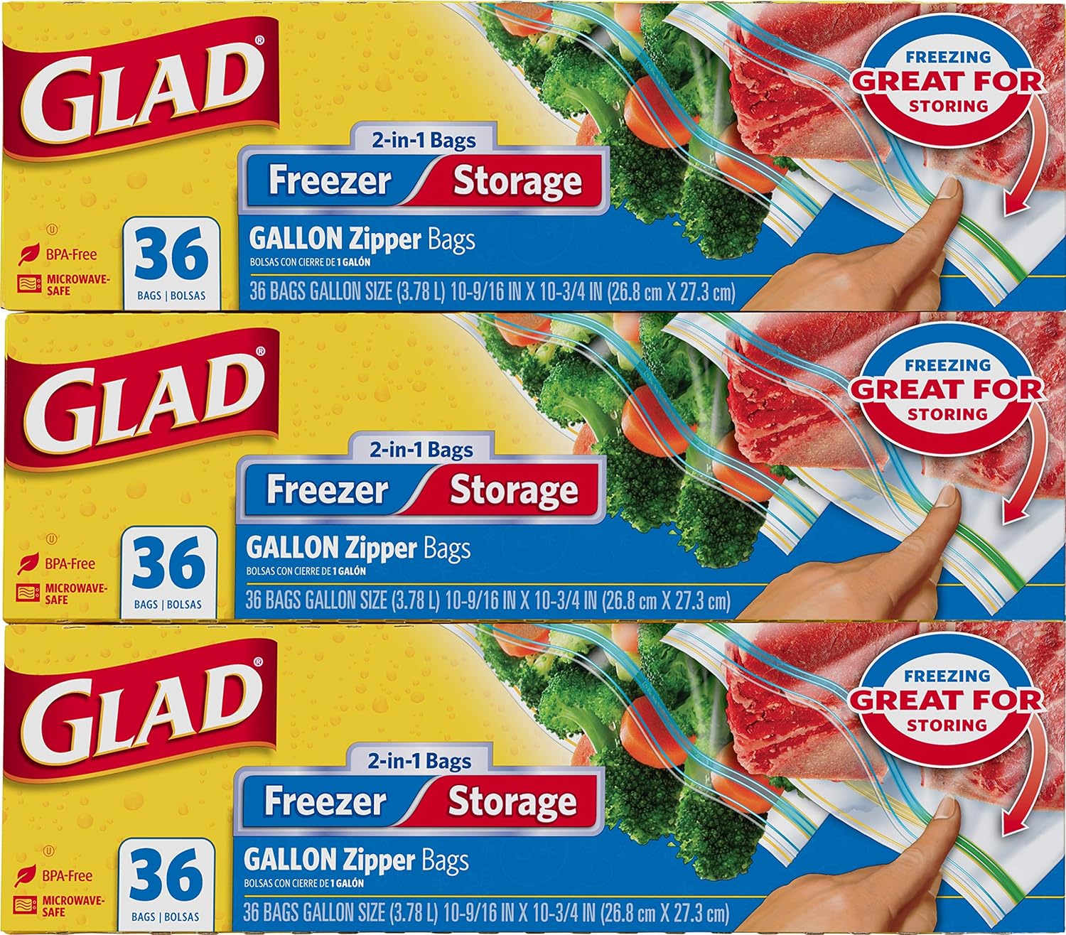 GLAD Food Storage and Freezer Bags, 2 in 1 Gallon Plastic Bags for Lasting Freshness, Microwave Safe, BPA Free, 36 Count (Pack of 3)