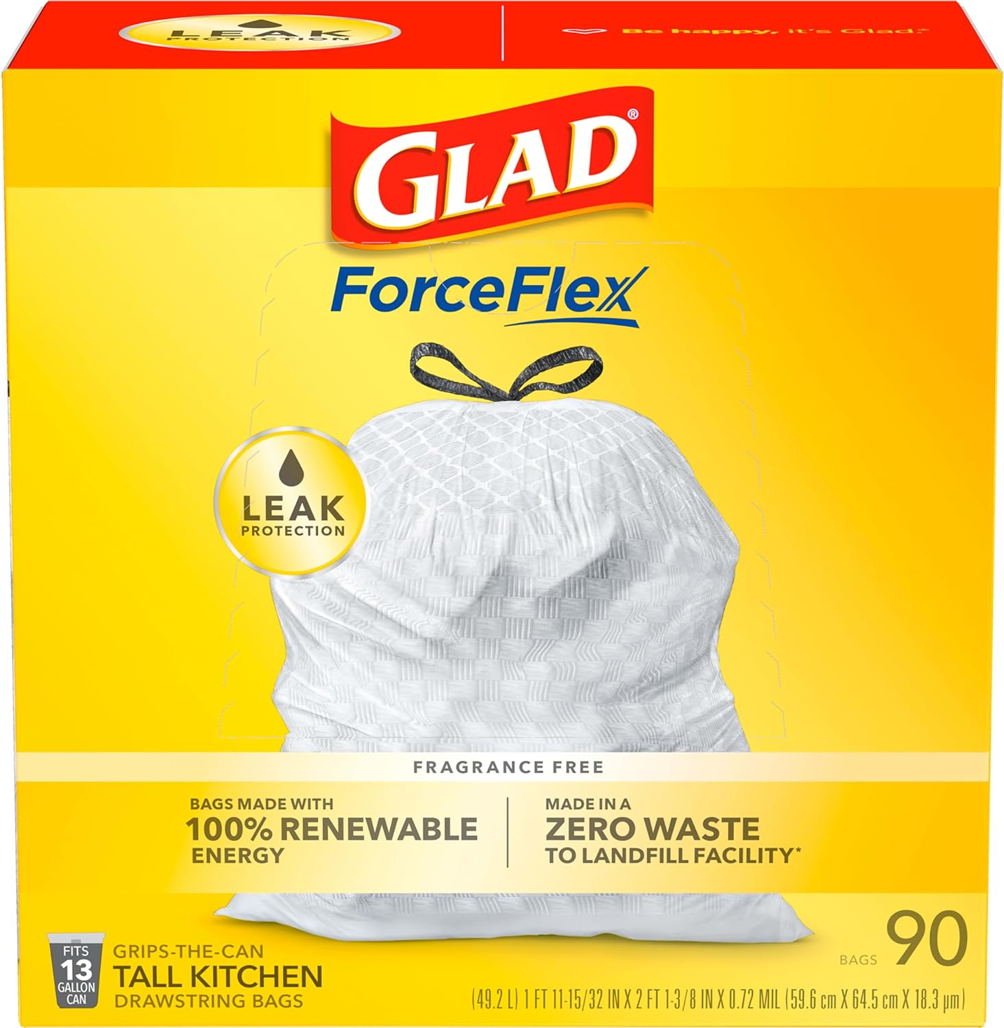 Glad ForceFlex Tall Kitchen Drawstring Trash Bags, 13 Gallon, 90 Count, Package May Vary