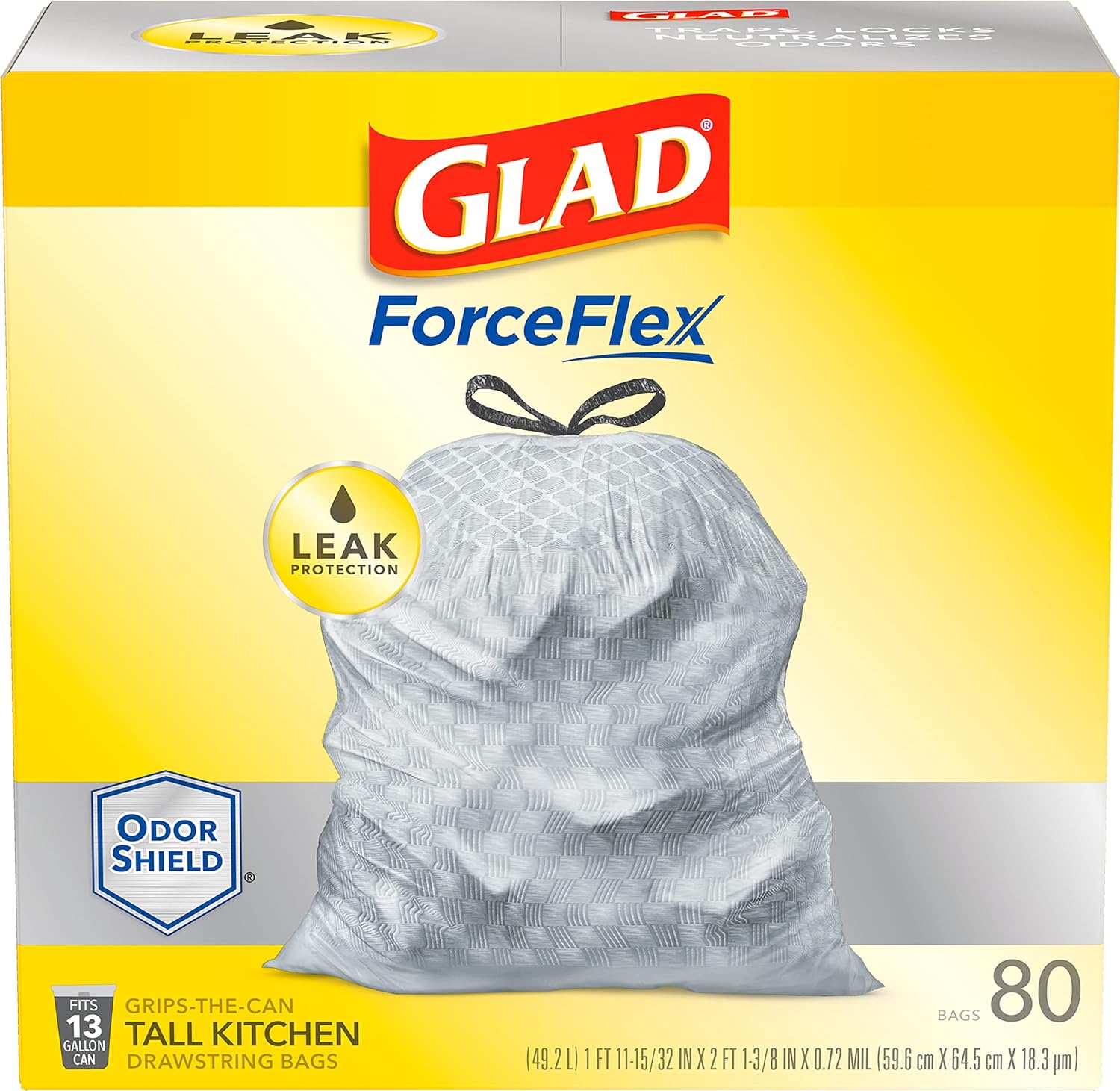 Glad ForceFlex Tall Kitchen Drawstring Trash Bags, 13 Gal, OdorShield, 80 Ct