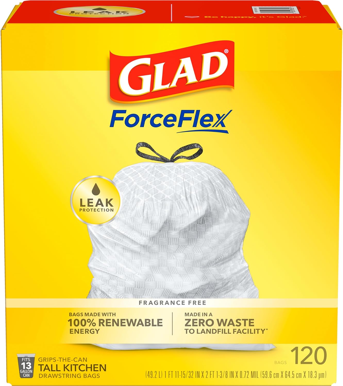 Glad ForceFlex Tall Kitchen Drawstring Trash Bags, 13 Gallon, 120 Count, Package May Vary