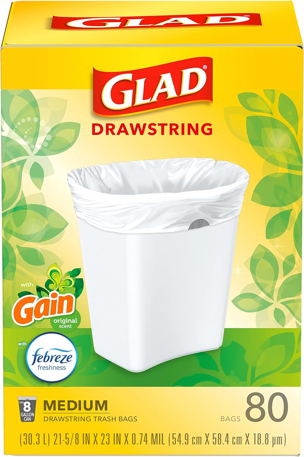 Glad Medium Drawstring Trash Bags, 8 Gallon, White, Gain Original Scent with Febreze Freshness, 80 Count