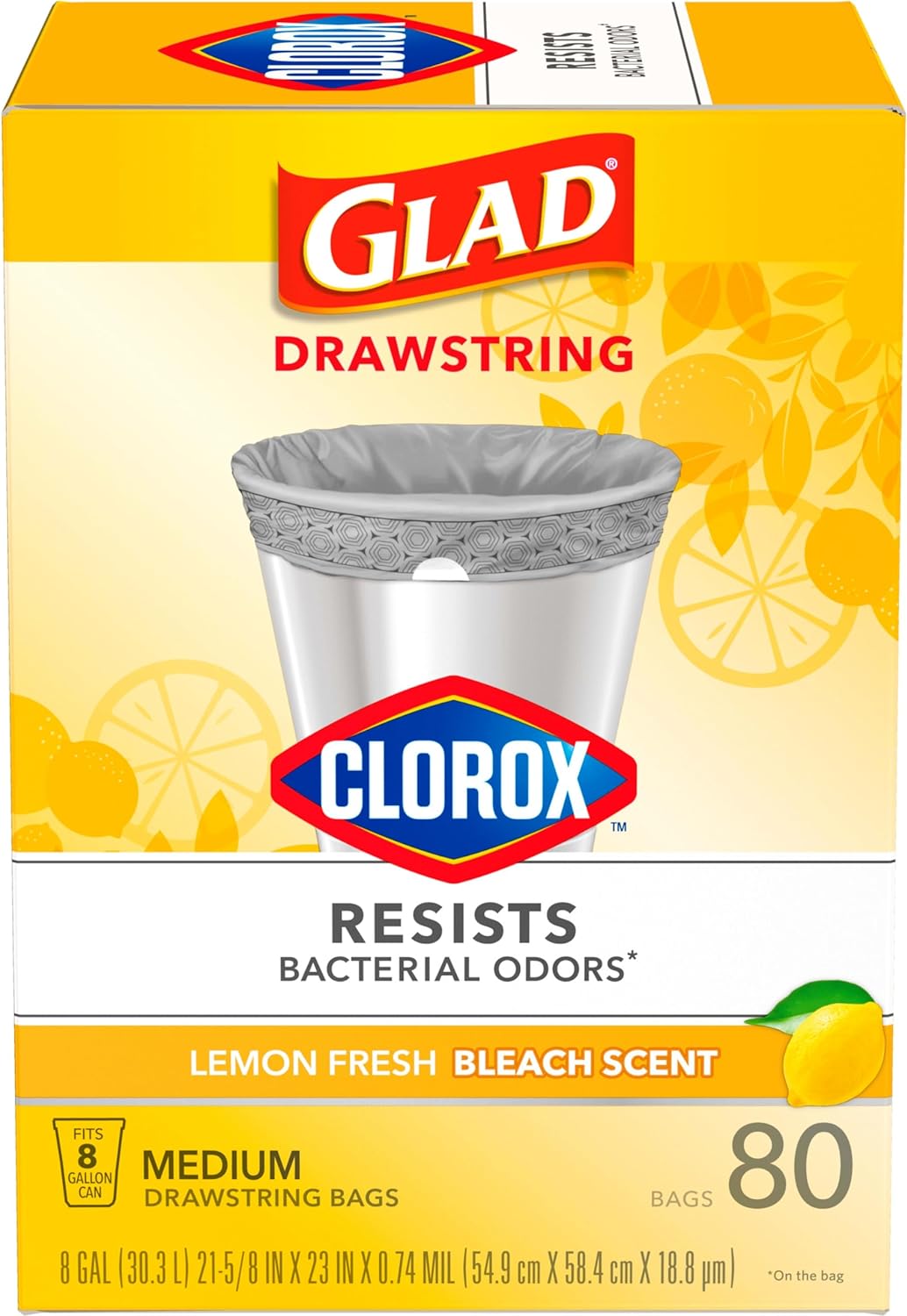 Glad Medium Drawstring Trash Bags with Clorox, 8 Gallon, Lemon Fresh Bleach Scent, 80 Count