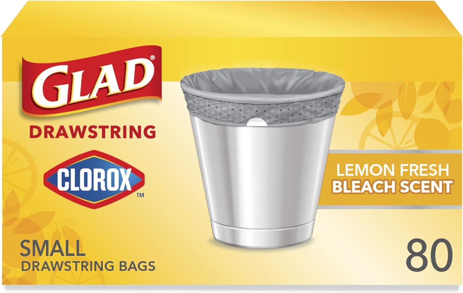 Glad Small Drawstring Trash Bag with Clorox, 4 Gal Lemon Fresh Bleach Scent 80 Ct (Package May Vary)