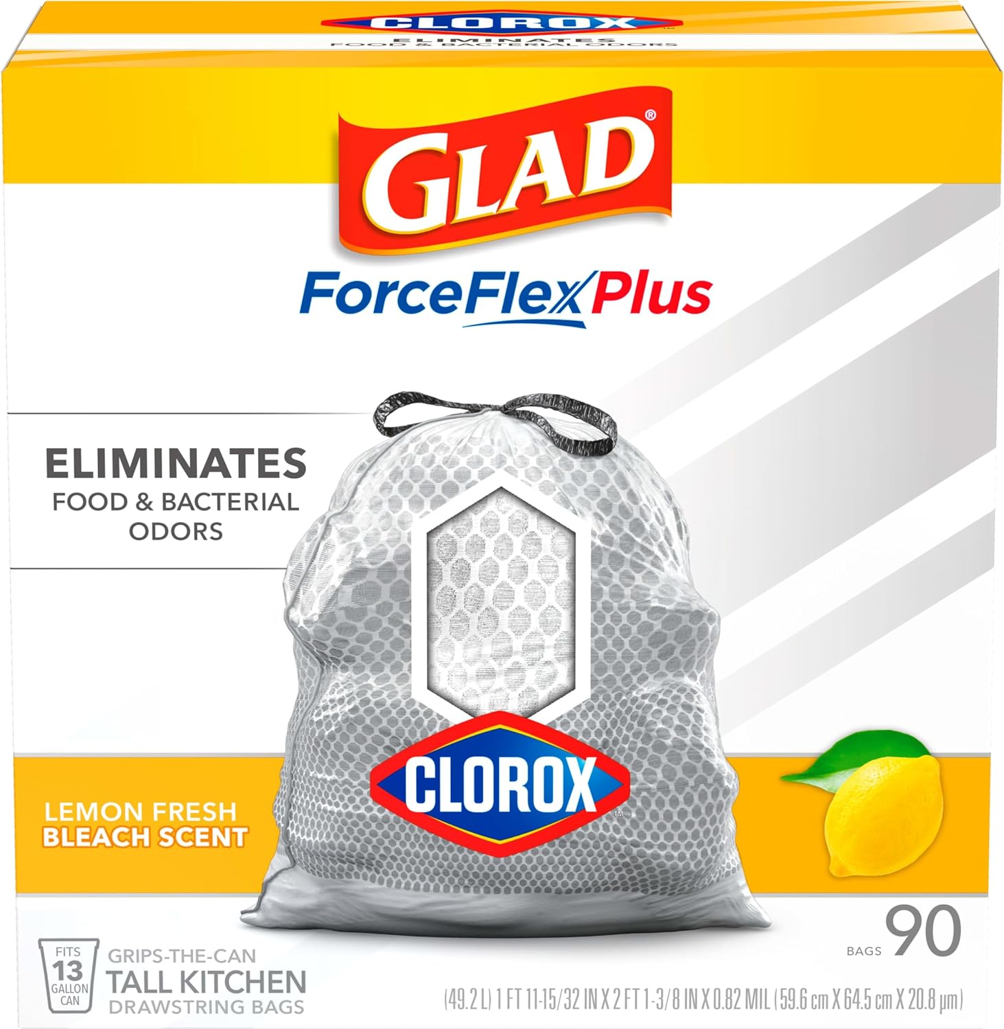 Glad Tall Kitchen Trash Bags ForceFlex Plus With Clorox, 13 Gallon, Lemon Fresh Bleach Scent 90 Count