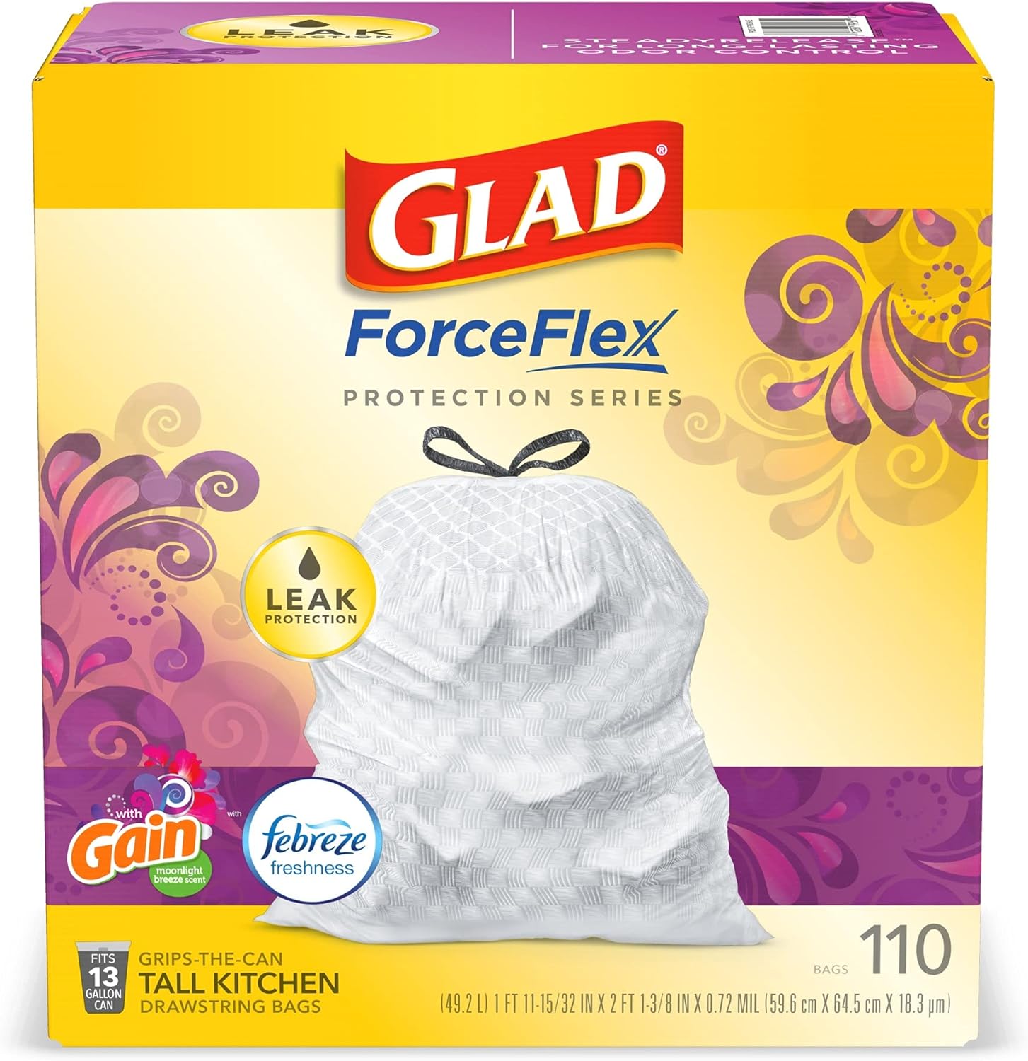 GLAD ForceFlex Tall Kitchen Drawstring Trash Bags, 13 Gallon White Trash Bag for Kitchen Trash Can, Gain Moonlight Breeze with Febreze Freshness and Leak Protection, 110 Count (Package May Vary)