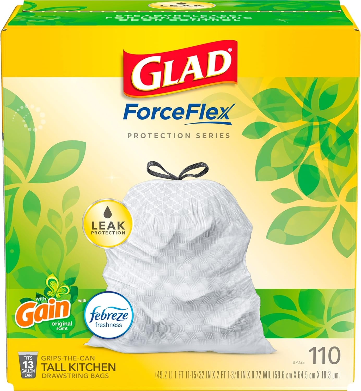 Glad ForceFlex Tall Kitchen Drawstring Trash Bags, 13 Gal, Gain Original with Febreze, 110 Ct