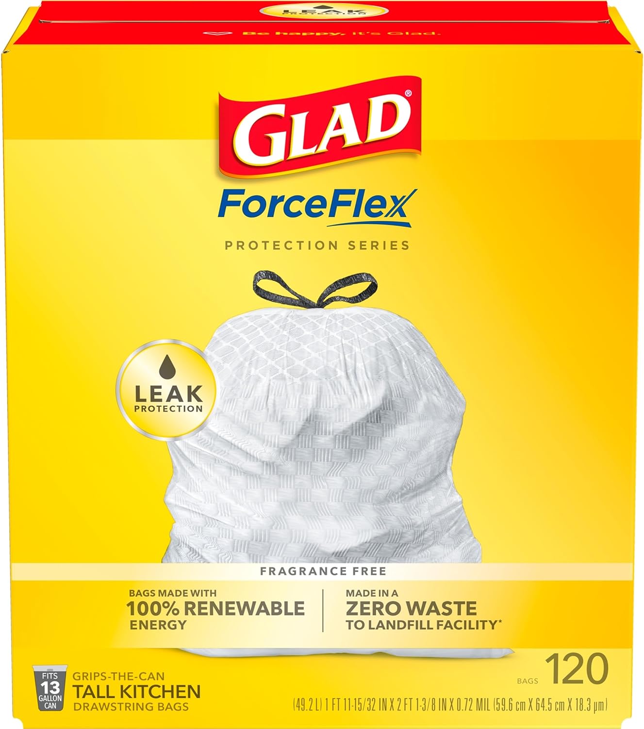 Glad ForceFlex Tall Kitchen Drawstring Trash Bags, 13 Gal, Unscented, 120 Ct (Packaging May Vary)