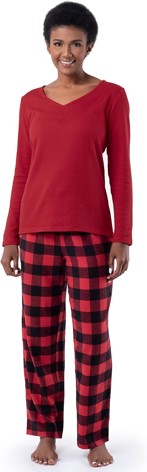 Fruit of the Loom Women' Waffle V-Neck Top and Flannel Pant Sleep Set