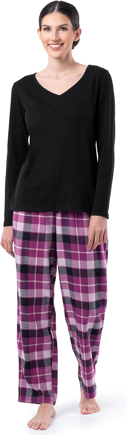 Fruit of the Loom Women' Waffle V-Neck Top and Flannel Pant Sleep Set