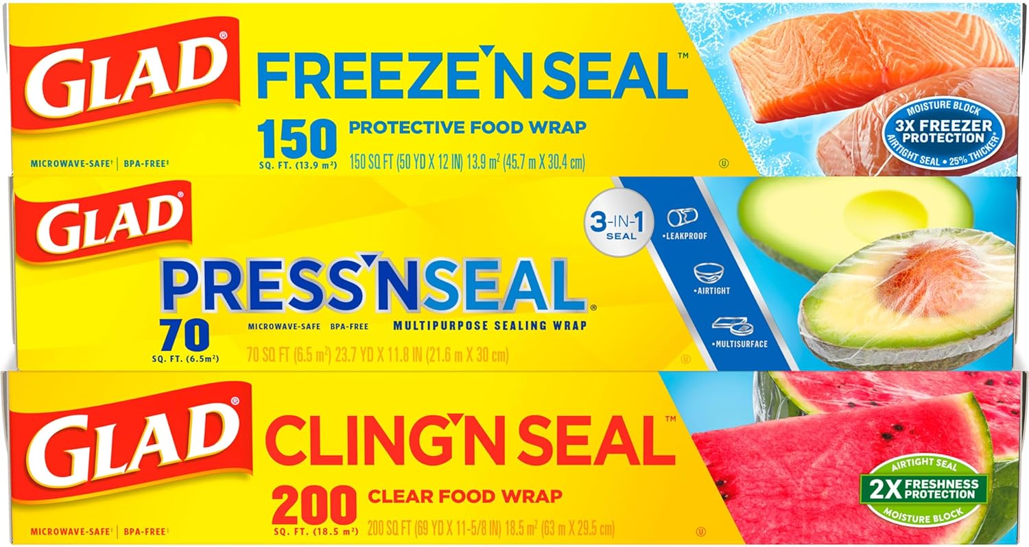 Glad Plastic Food Wrap Variety Pack - Press'n Seal 70 Square Foot Roll, Freeze N Seal 150 Square Foot Roll, Cling N Seal 200 Square Foot Roll (Pack of 3) (Packaging May Vary)