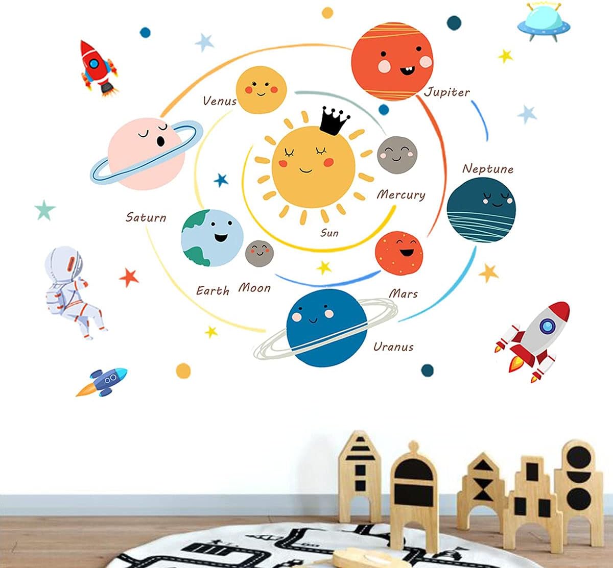 Planet Wall Decals Kids Room Large,Space Wall Stickers Boy Bedroom,Cute Educational Wall Decal Decors for Nursery,Daycare,Playroom,Boys Room,Girls Room,Classroom,School.