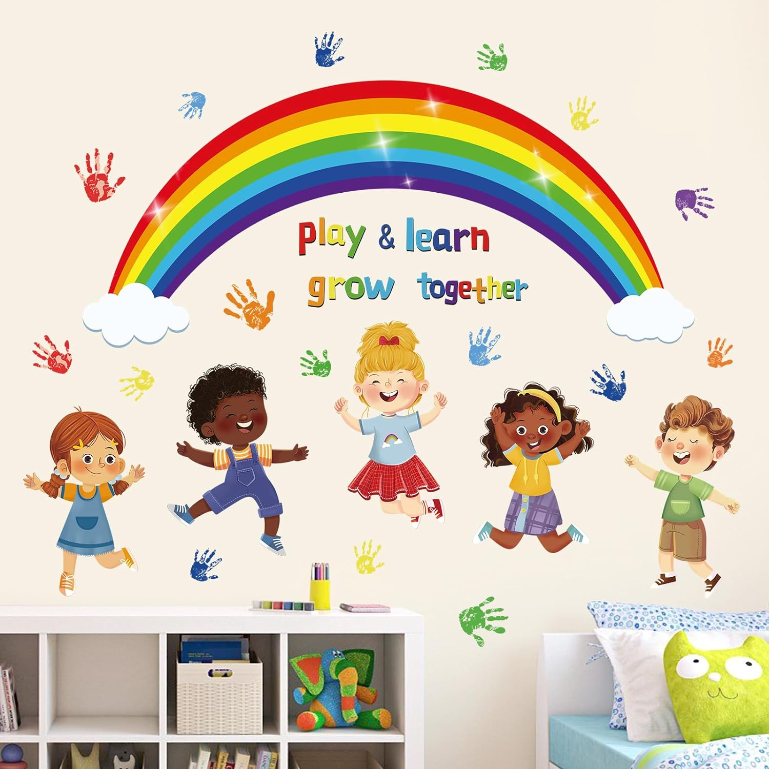 wondever Reading Corner Rainbow Wall Decals Kids Inspirational Quotes Handprint Peel and Stick Wall Art Stickers for School Classroom Kids Room