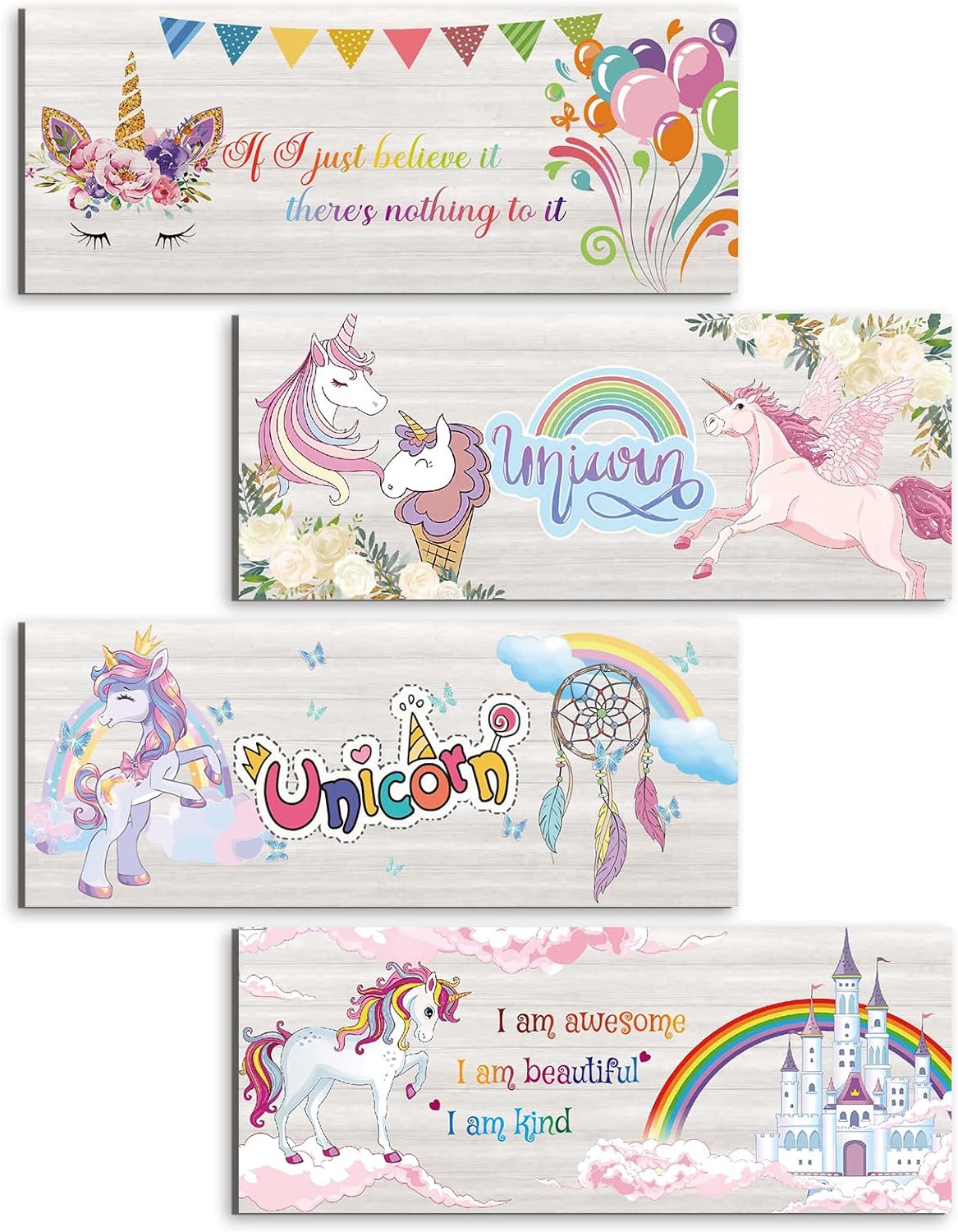 CLOMAY 4 Pieces Girls Room Decor of Unicorn Rainbow Wall Art, Unicorn Rustic Wooden Wall Art Decoration for Girls Bedroom Decoration, Motivational Hanging Signs for Kids Room Nursery Ornamentation