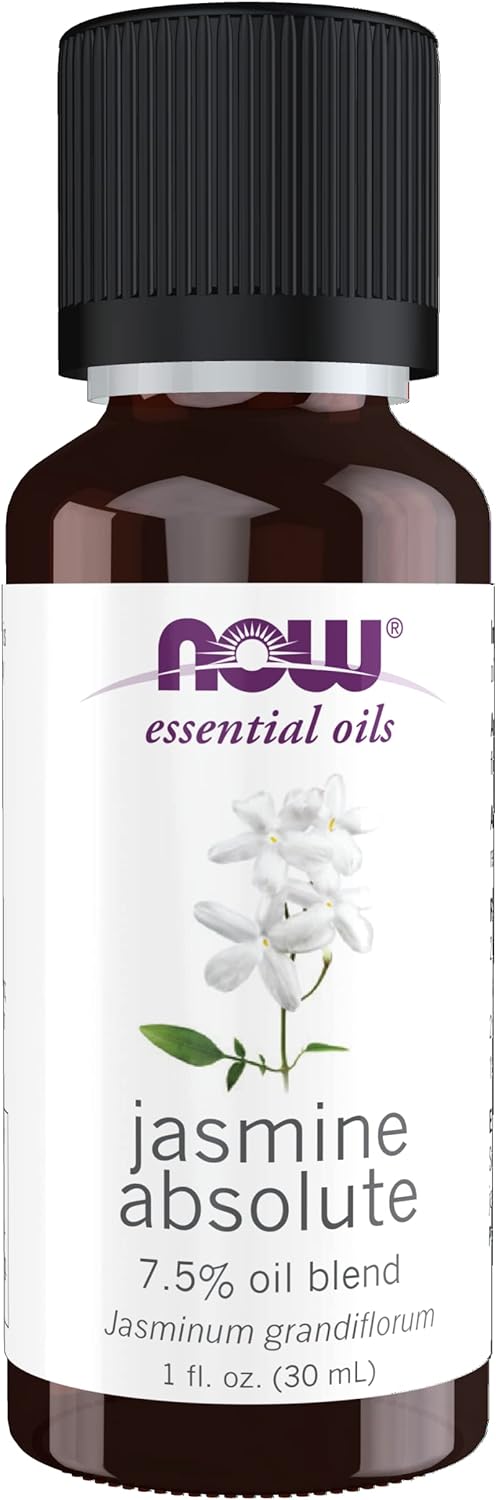 NOW Essential Oils, Jasmine Absolute Oil Blend, 7.5% Blend of Pure Jasmine Absolute Oil in Pure Jojoba Oil, Romantic Aromatherapy Scent, Vegan, Child Resistant Cap, 1-Ounce