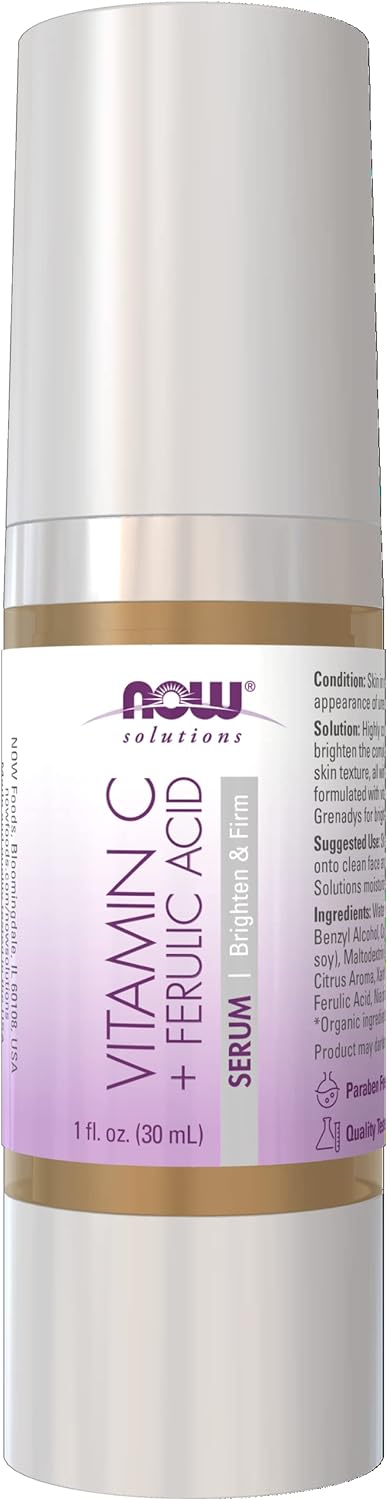 NOW Solutions, Vitamin C Serum Plus Ferulic Acid, Skin Brightening and Tightening, Highly Concentrated, 1-Ounce