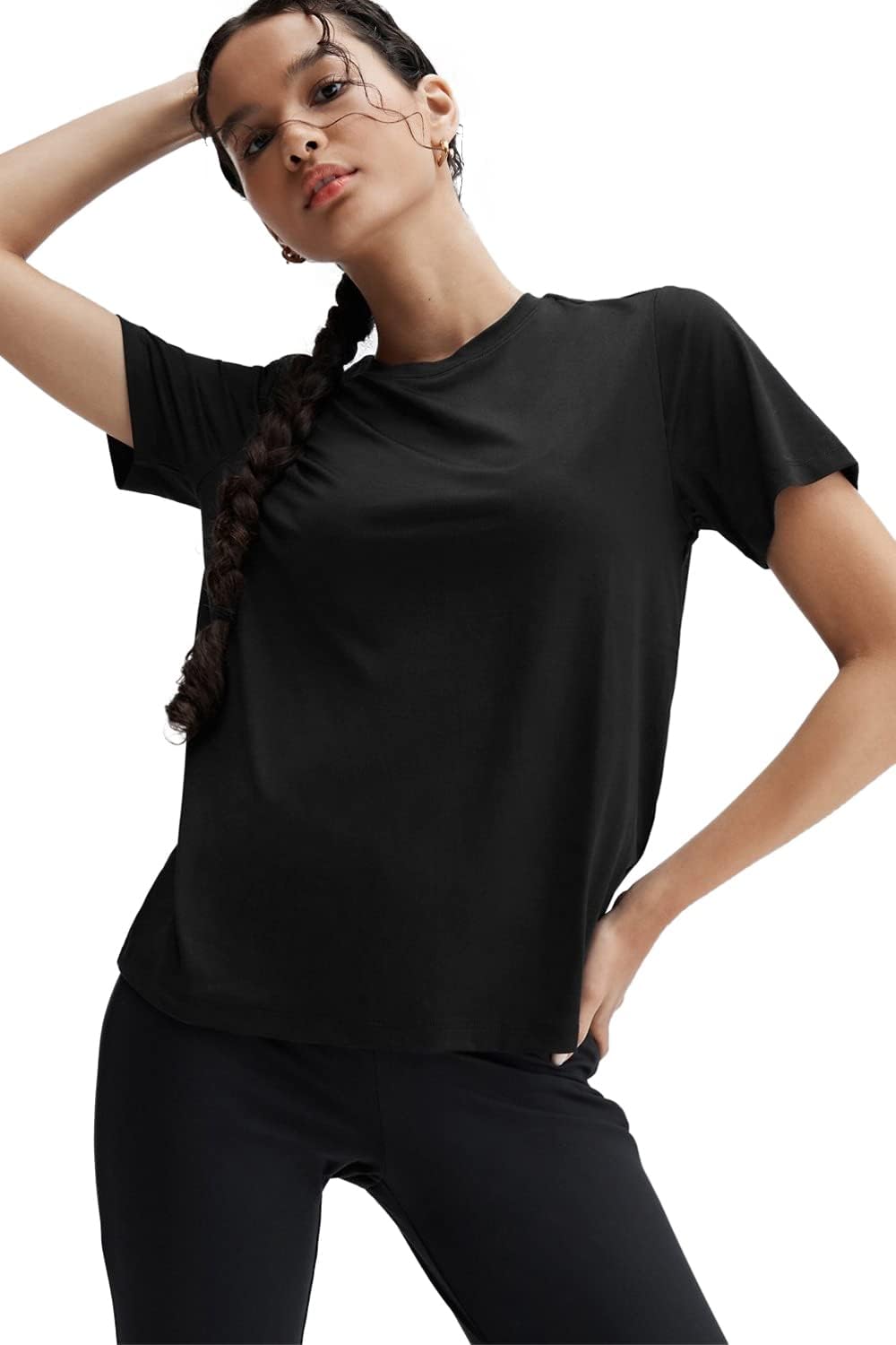 Fabletics Women' Dry-Flex Short-Sleeve Tee, Round Neck, Super Soft, Comfy, Cozy, Loose Fit, Knit