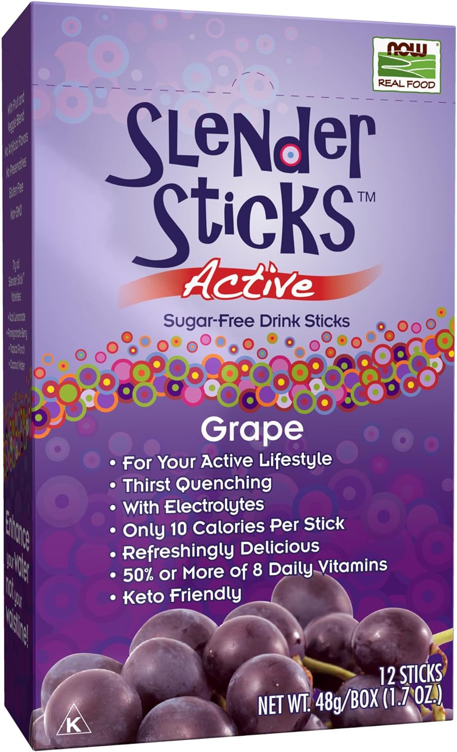 NOW Foods, Slender Sticks, Grape Flavor, Sugar-Free Drink Sticks with Electrolytes for Your Active Lifestyle, 10 Calories/Stick, 12/Box