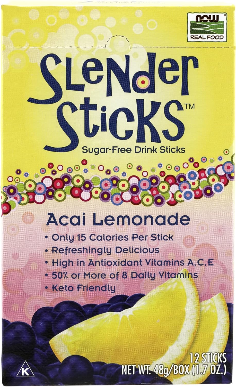 NOW Foods, Slender Sticks, Acai Lemonade, Sugar-Free Drink Sticks, 10 Calories/Stick, 12/Box