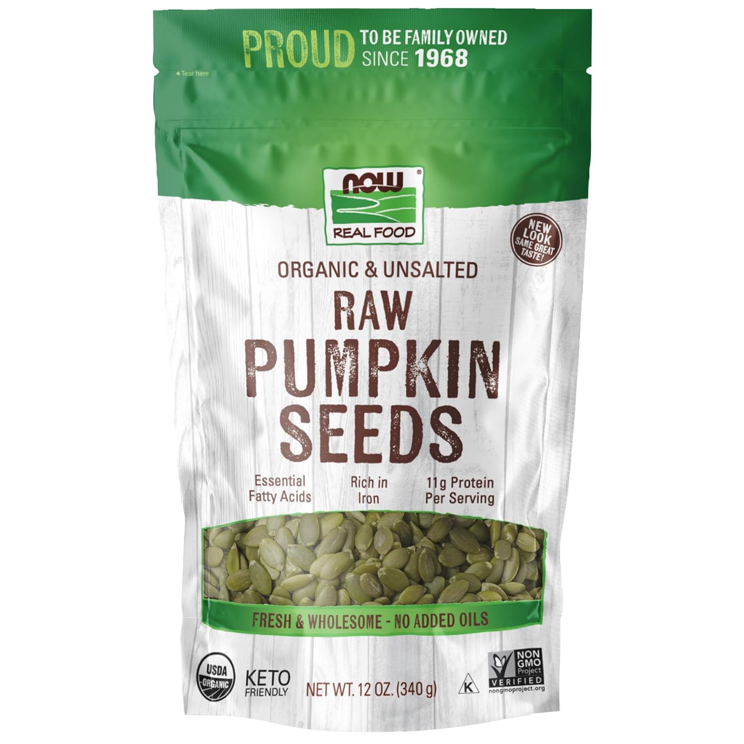 NOW Foods, Organic Pumpkin Seeds, Raw and Unsalted, Excellent Source of Protein and Iron, Certified Non-GMO, Keto-Friendly Snack, 12-Ounce (Packaging May Vary)