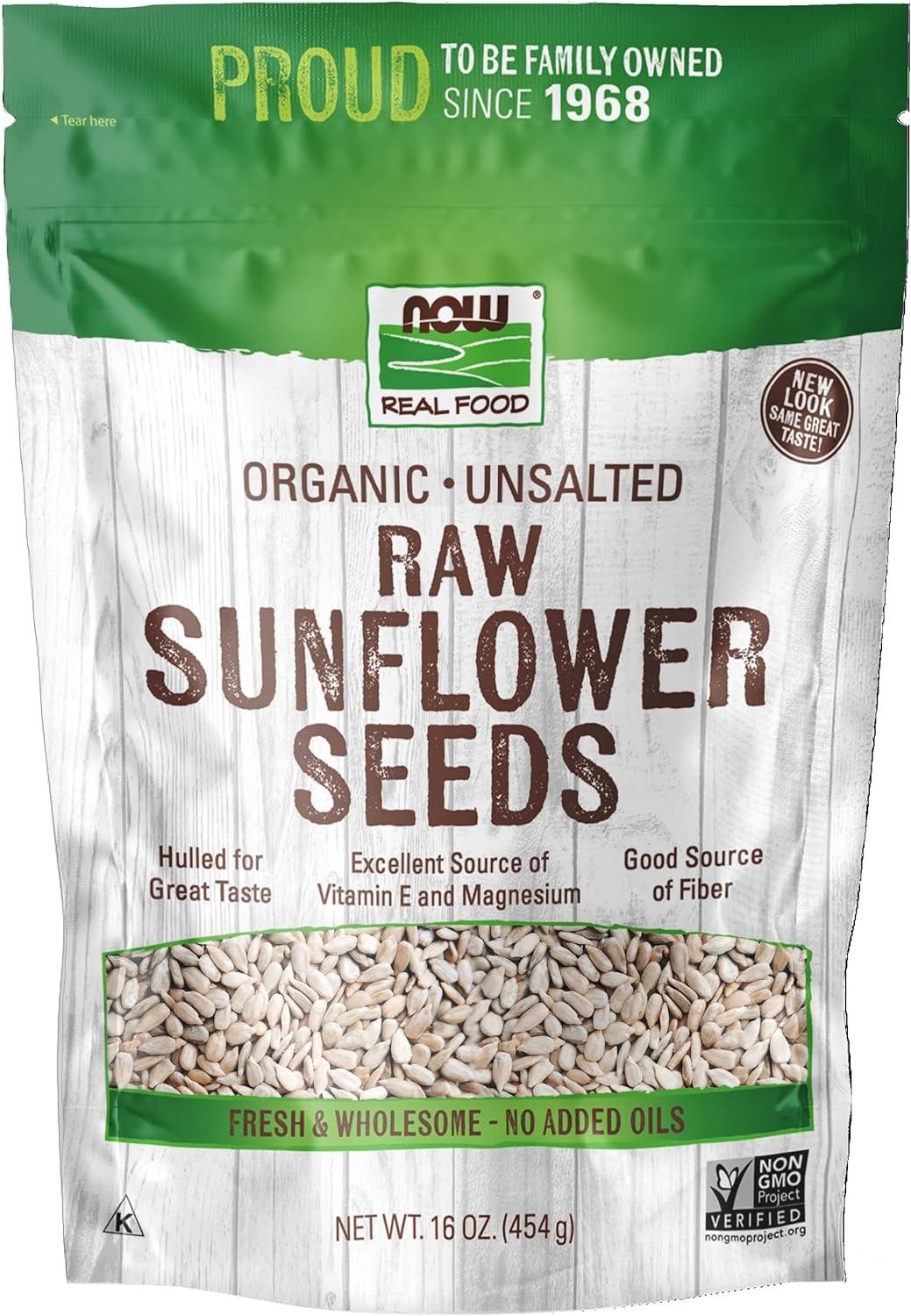 NOW Foods, Certified Organic Sunflower Seeds, Raw and Unsalted, Source of Fiber and Vitamin E, Hulled for Great Taste, Certified Non-GMO, 16-Ounce (Packaging May Vary)