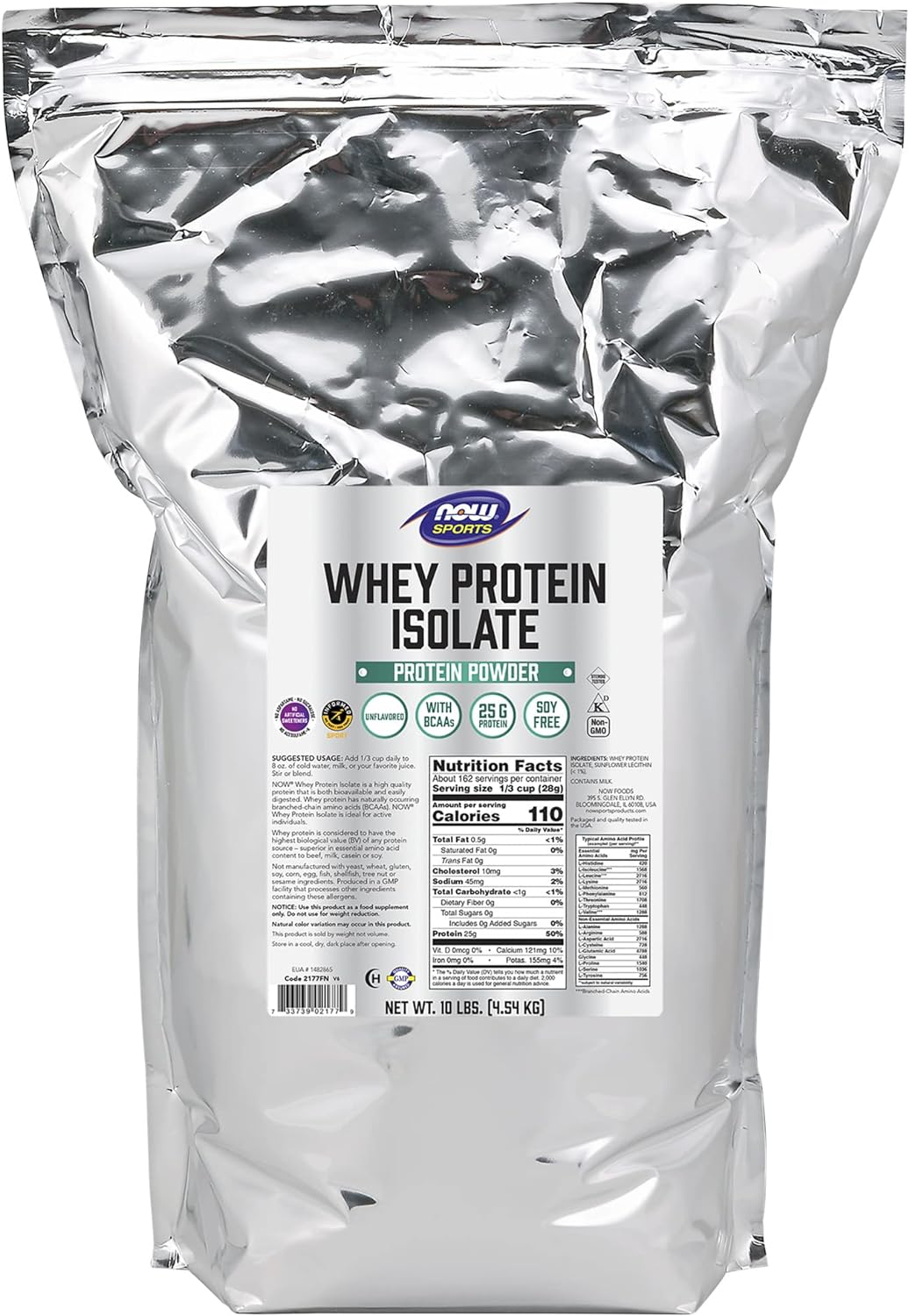 NOW Sports Nutrition, Whey Protein Isolate, 25 g With BCAAs, Unflavored Powder, 10-Pound