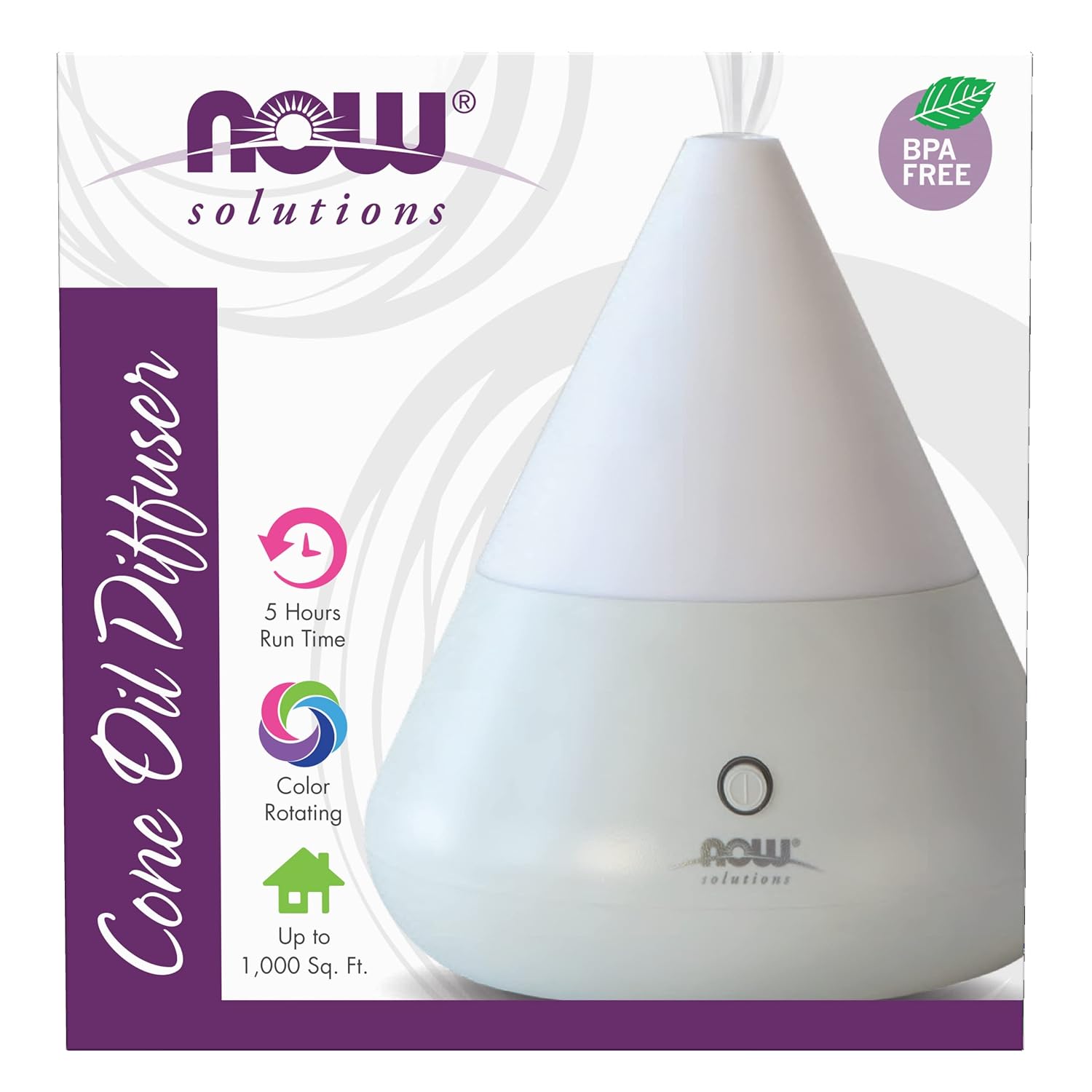 NOW Essential Oils, Ultrasonic Aromatherapy Oil Diffuser, Extremely Quiet, Heat Free and Easy to Clean, Color Changing LED Diffuser