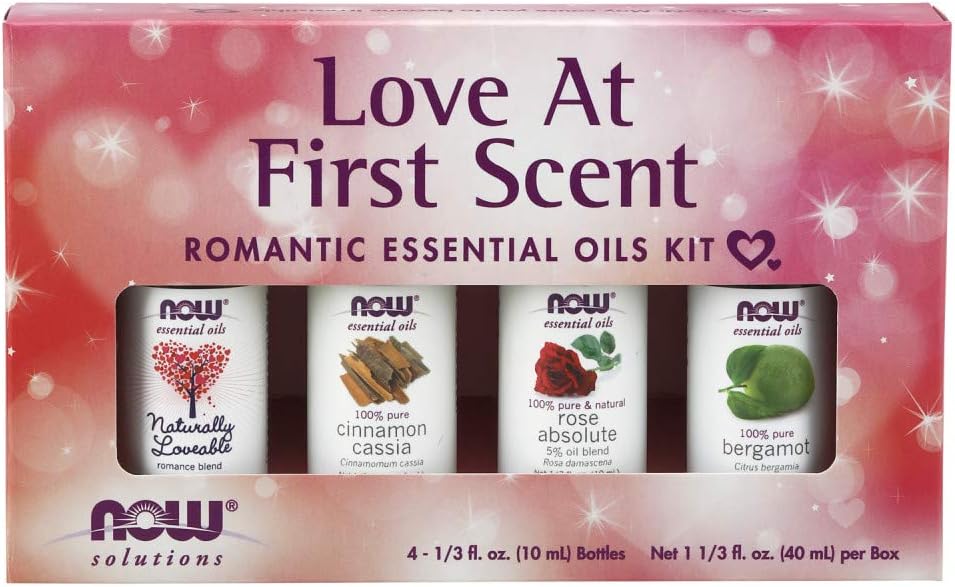 NOW Essential Oils, Love at First Scent Aromatherapy Kit, 4x10ml Including Bergamot, Cinnamon Cassia, Rose Absolute and our Naturally Loveable Essential Oil Blend With Child Resistant Caps