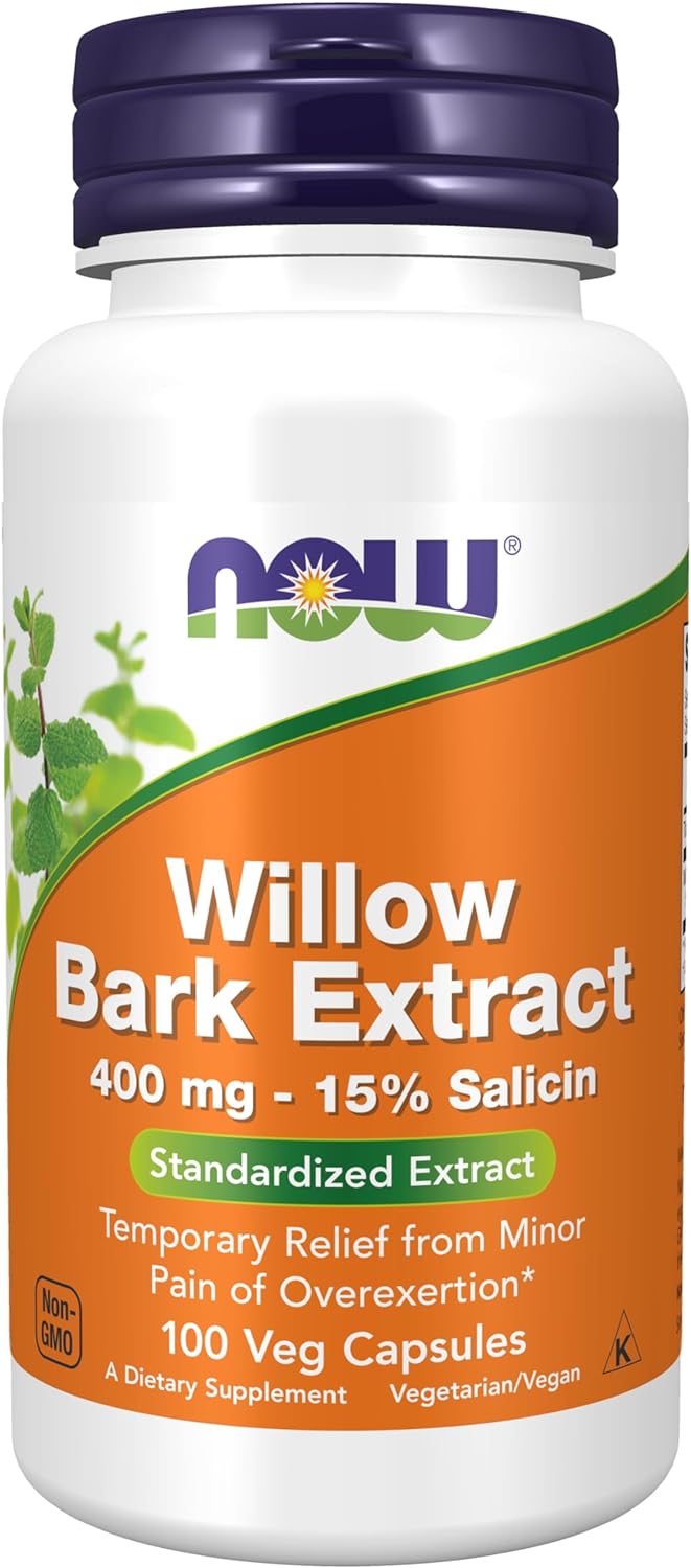 NOW Supplements, White Willow Bark 400 mg with 15% Salicin, Standardized Extract, 100 Veg Capsules