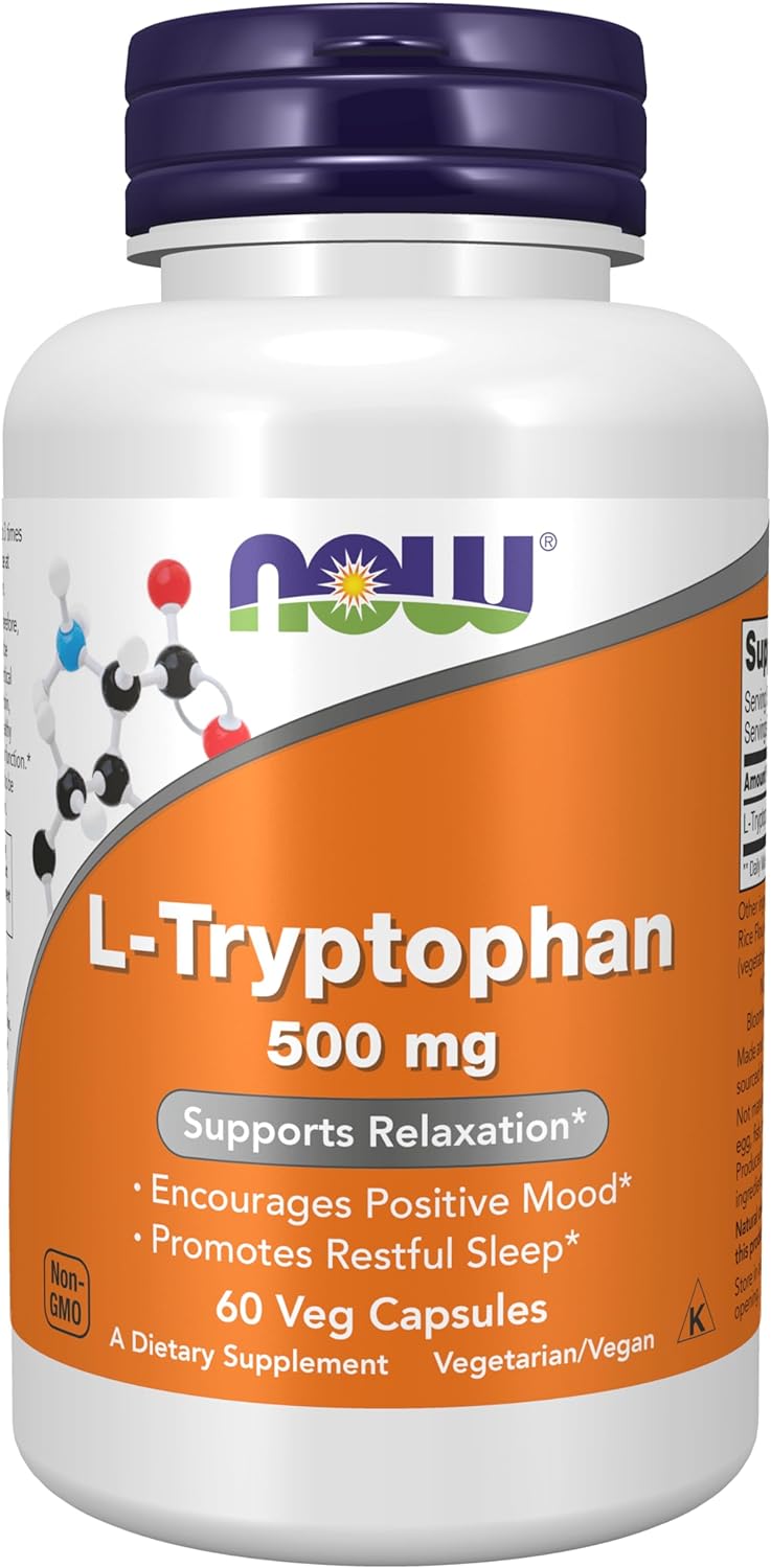 NOW Supplements, L-Tryptophan 500 mg, Encourages Positive Mood*, Supports Relaxation*, 60 Veg Capsules