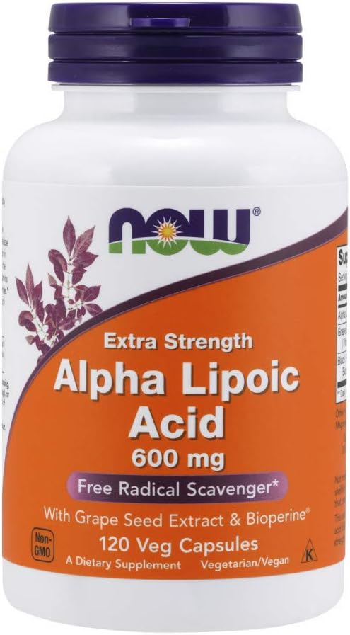 NOW Supplements, Alpha Lipoic Acid 600 mg with Grape Seed Extract & Bioperine, Extra Strength, 120 Veg Capsules