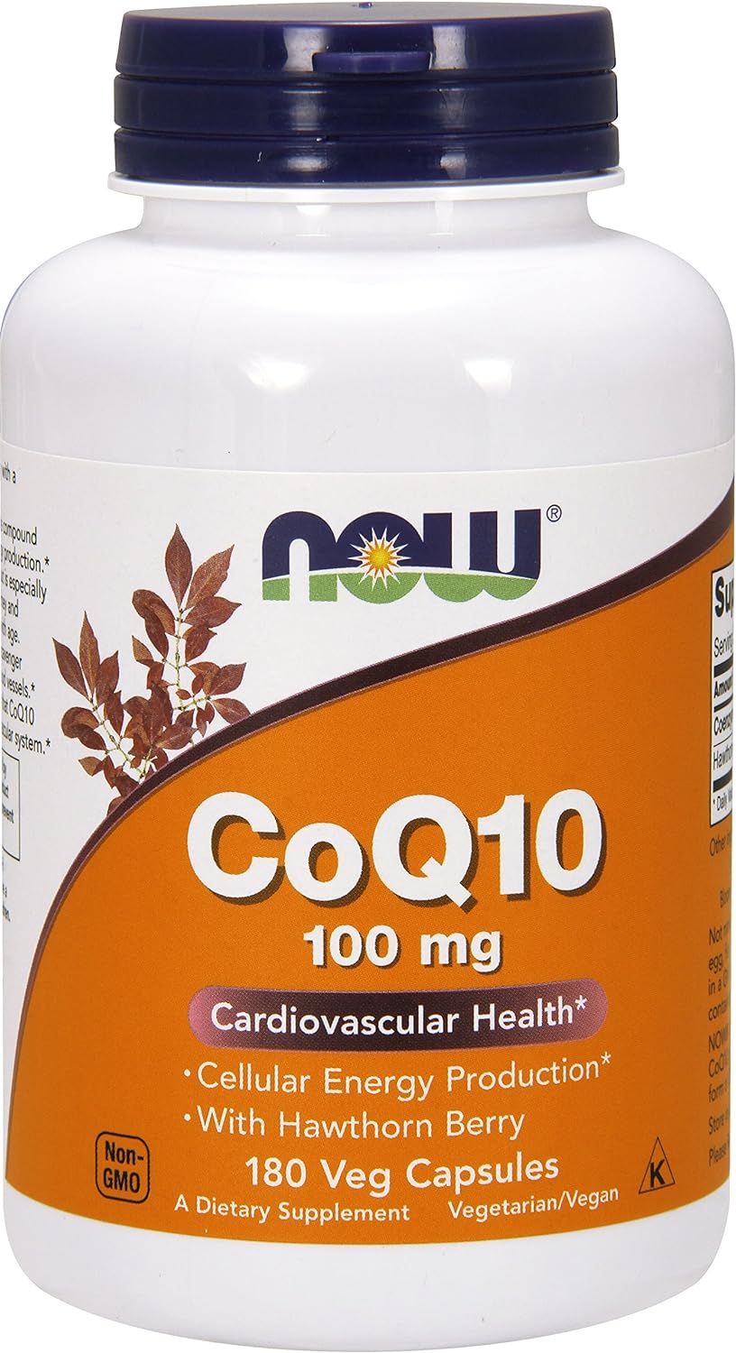 NOW Supplements, CoQ10 100 mg with Hawthorn Berry, Pharmaceutical Grade, All-Trans Form produced by Fermentation, 180 Veg Capsules