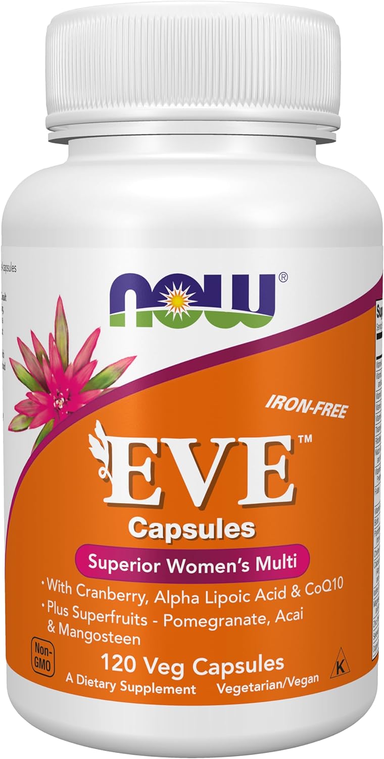 NOW Supplements, Eve Women' Multivitamin with Cranberry, Alpha Lipoic Acid and CoQ10, plus Superfruits - Pomegranate, Acai & Mangosteen, Iron-Free, 120 Veg Capsules