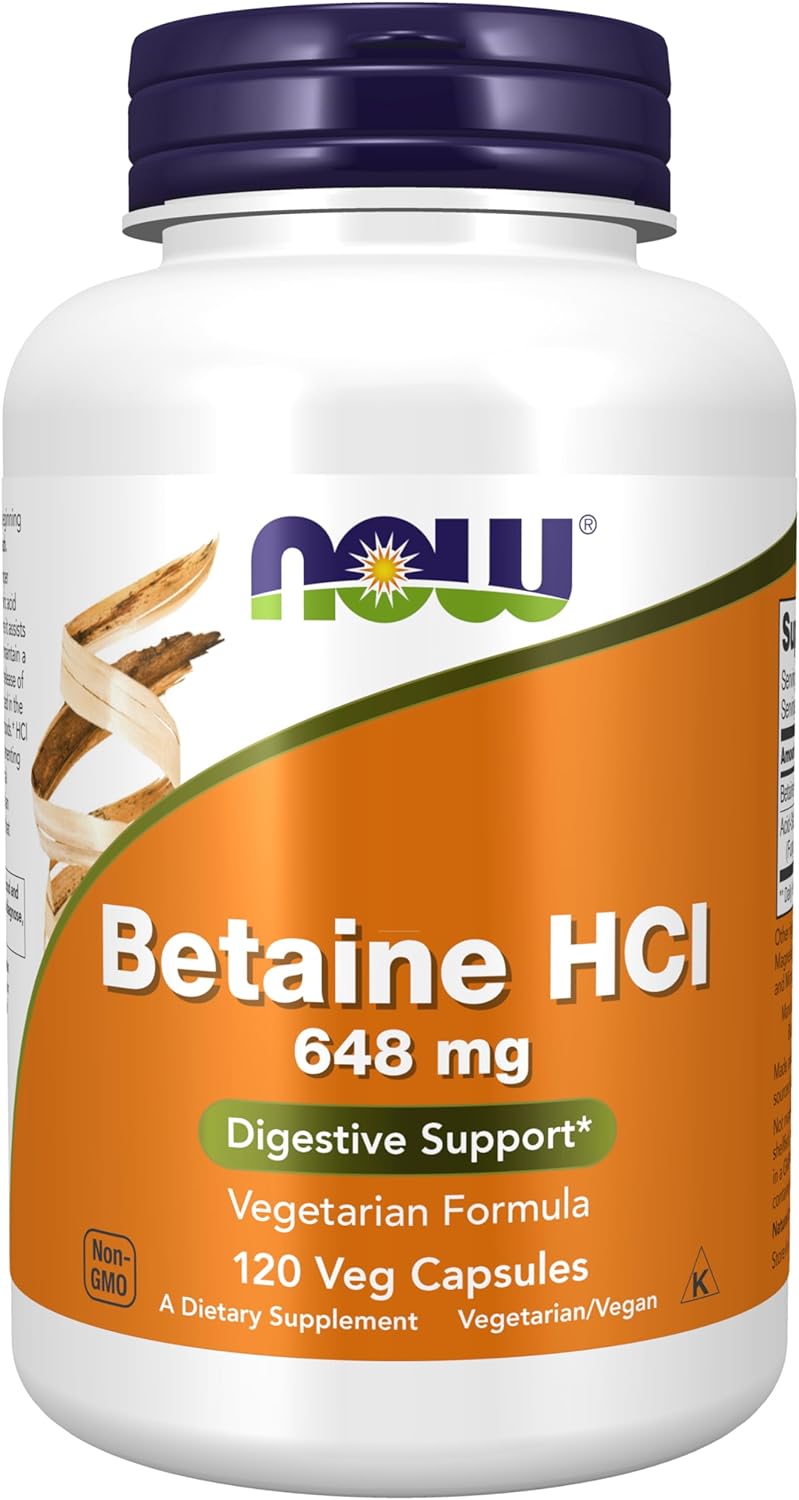 NOW Supplements, Betaine HCl 648 mg, Vegetarian Formula, Digestive Support*, 120 Veg Capsules