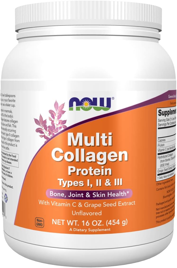 NOW Supplements, Multi Collagen Protein Types I, II & III Powder, Bone, Joint, and Skin Health, 16 oz (454 g)