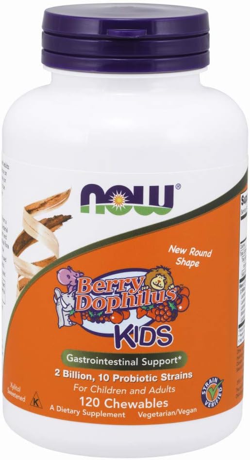 NOW Supplements, BerryDophilus with 2 Billion, 10 Probiotic Strains, Xylitol Sweetened, Strain Verified, 120 Chewables, packaging may vary